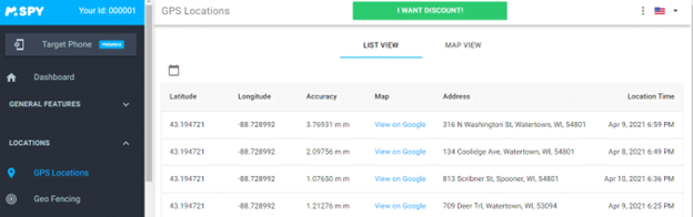 GPS location and geofencing mSpy