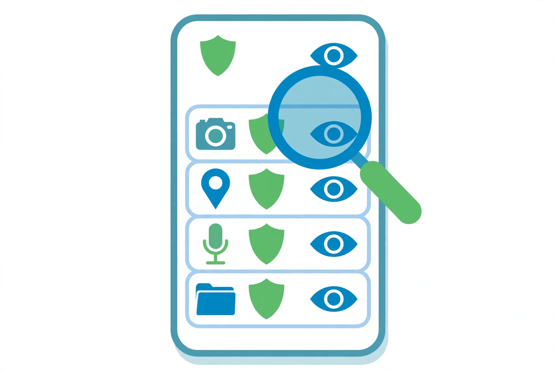 Android Permission manager screen that lists location, camera, and microphone rights by app