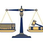 Balance scale weighing a computer keyboard against a law book and gavel