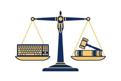 Balance scale weighing a computer keyboard against a law book and gavel