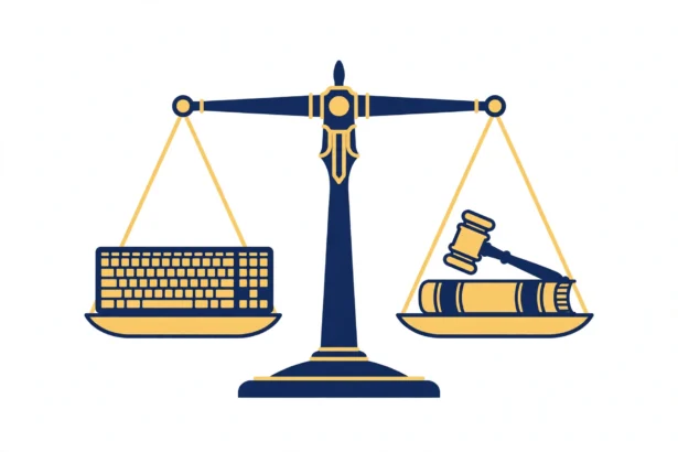 Balance scale weighing a computer keyboard against a law book and gavel