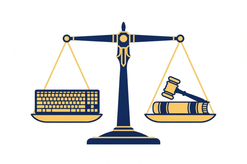 Balance scale weighing a computer keyboard against a law book and gavel