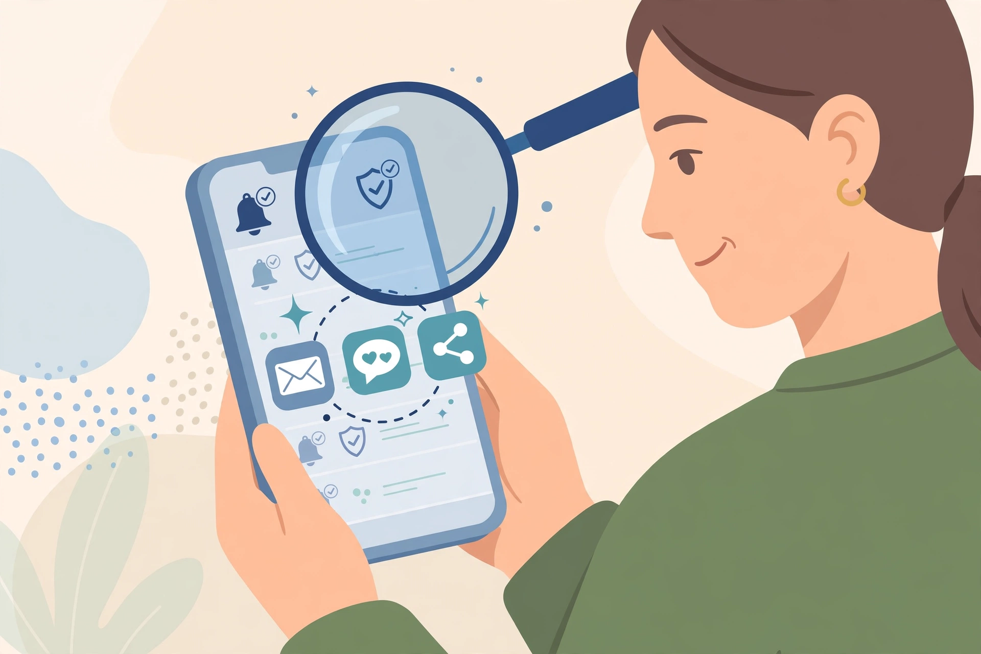 Illustration of a parent checking a Bark style safety alert on a phone