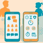 Illustration of two phones comparing Bark alerts and Qustodio screen time controls for parents