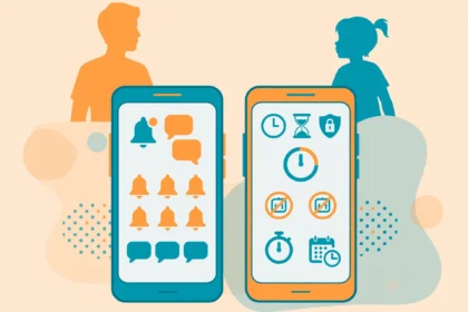 Illustration of two phones comparing Bark alerts and Qustodio screen time controls for parents