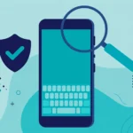 Illustration of an Android phone with a keyboard and a shield, representing keylogger apps for Android