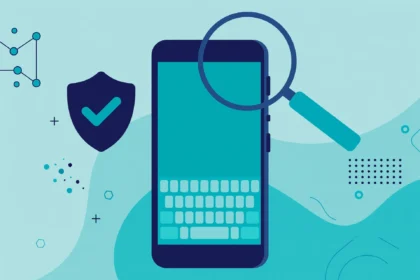 Illustration of an Android phone with a keyboard and a shield, representing keylogger apps for Android