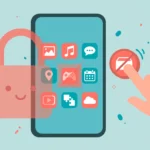 Smartphone app icons behind a padlock while a parent blocks an app on a child's phone