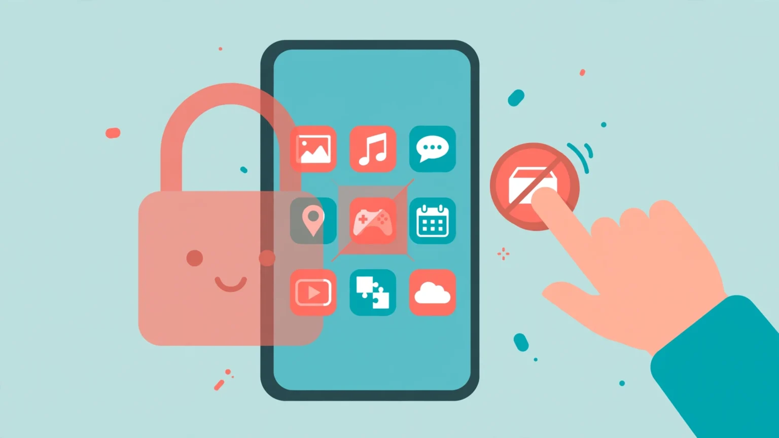 Smartphone app icons behind a padlock while a parent blocks an app on a child's phone