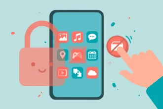 Smartphone app icons behind a padlock while a parent blocks an app on a child's phone