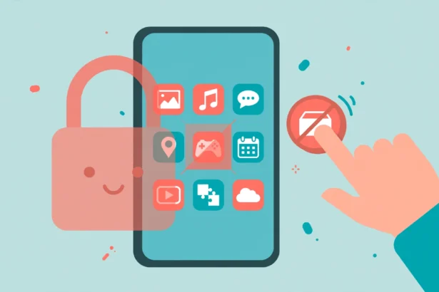 Smartphone app icons behind a padlock while a parent blocks an app on a child's phone
