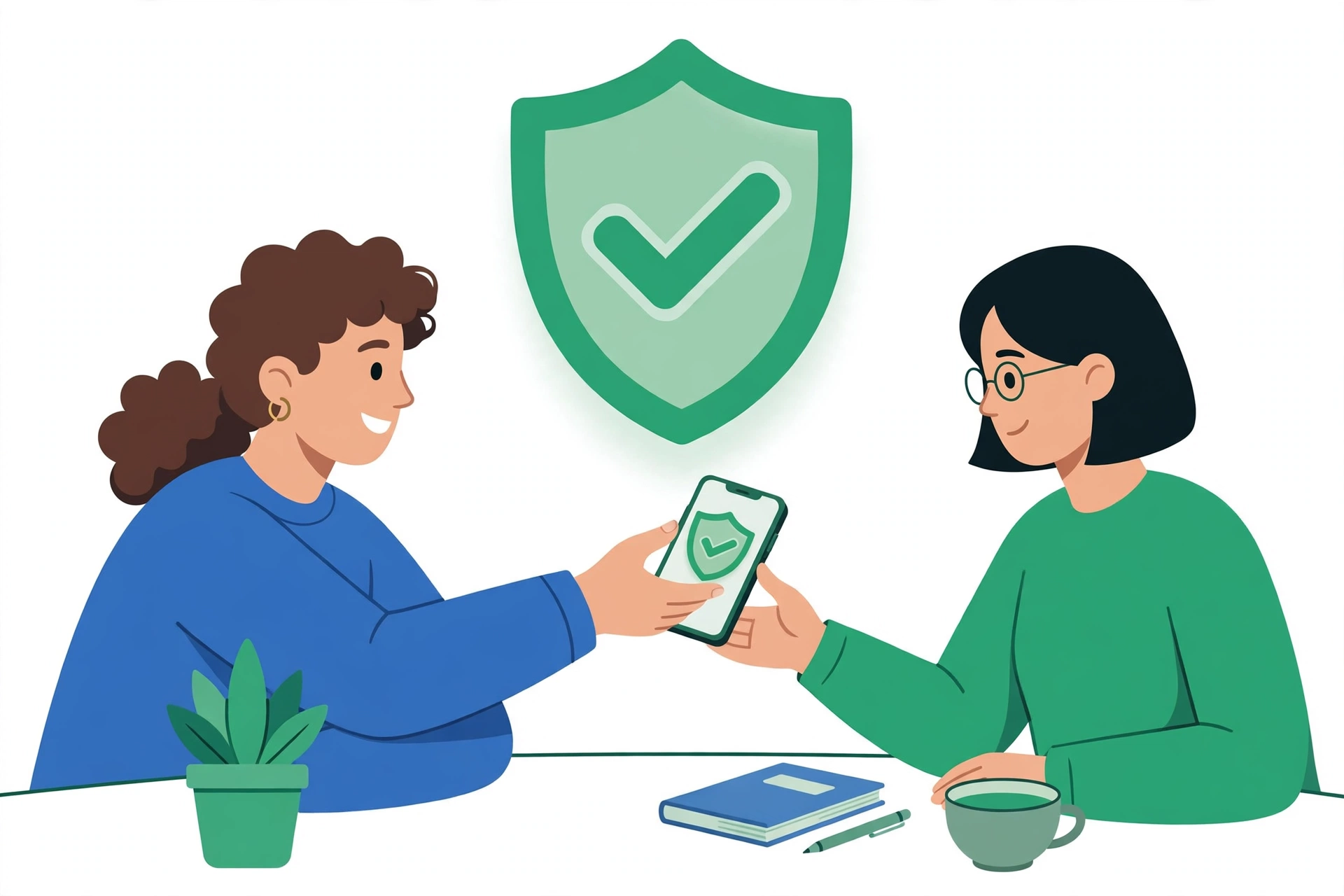 Two people agreeing openly to monitoring with a green checkmark shield