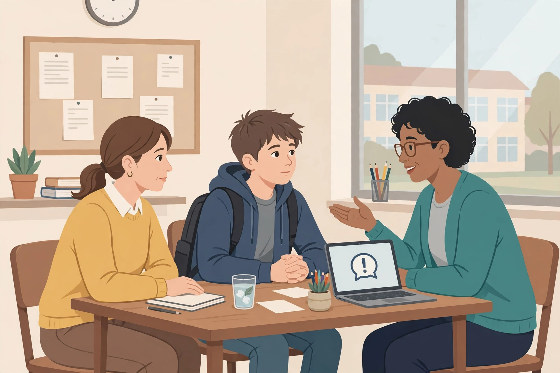 Parent talking with a teacher about cyberbullying help