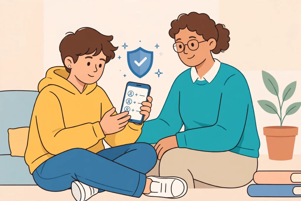 Teen and parent reviewing friend requests on a phone, with a shield symbol between them