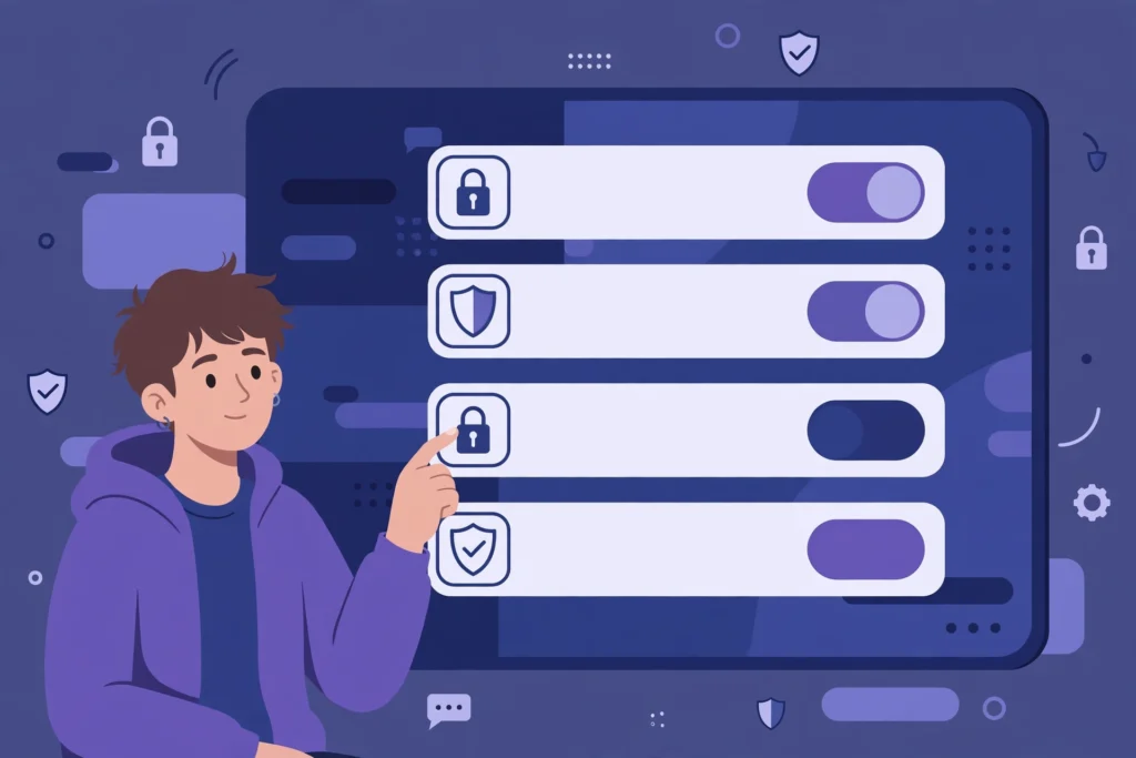 Teen pointing at privacy and safety toggle switches with lock and shield icons