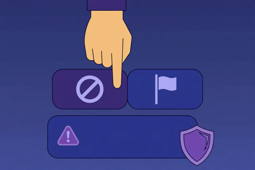 Hand tapping a block button beside a report flag icon
