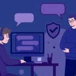Teen chatting on a computer while a parent stands nearby, with a shield symbol above them