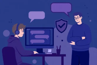 Teen chatting on a computer while a parent stands nearby, with a shield symbol above them