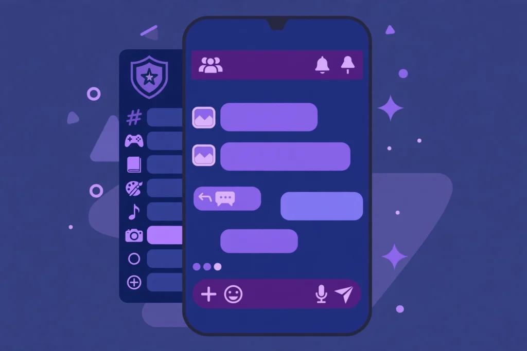 Phone showing a Discord style server with a channel list, chat messages and safety icons