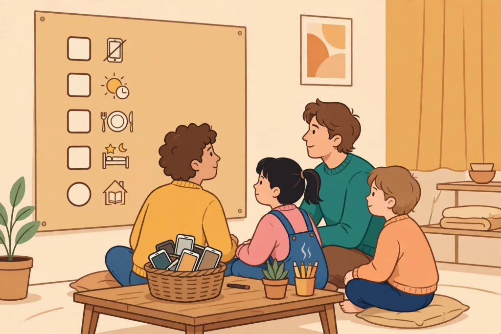 Family Online Safety: The Complete Guide for Parents in 2026 58 Family looking at a device rules board with icons for phone free time, screen time limits, meals, bedtime and homework