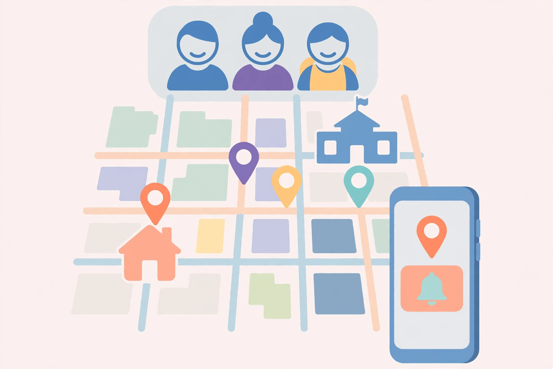 Illustration of a family map with location pins and place alerts for parents