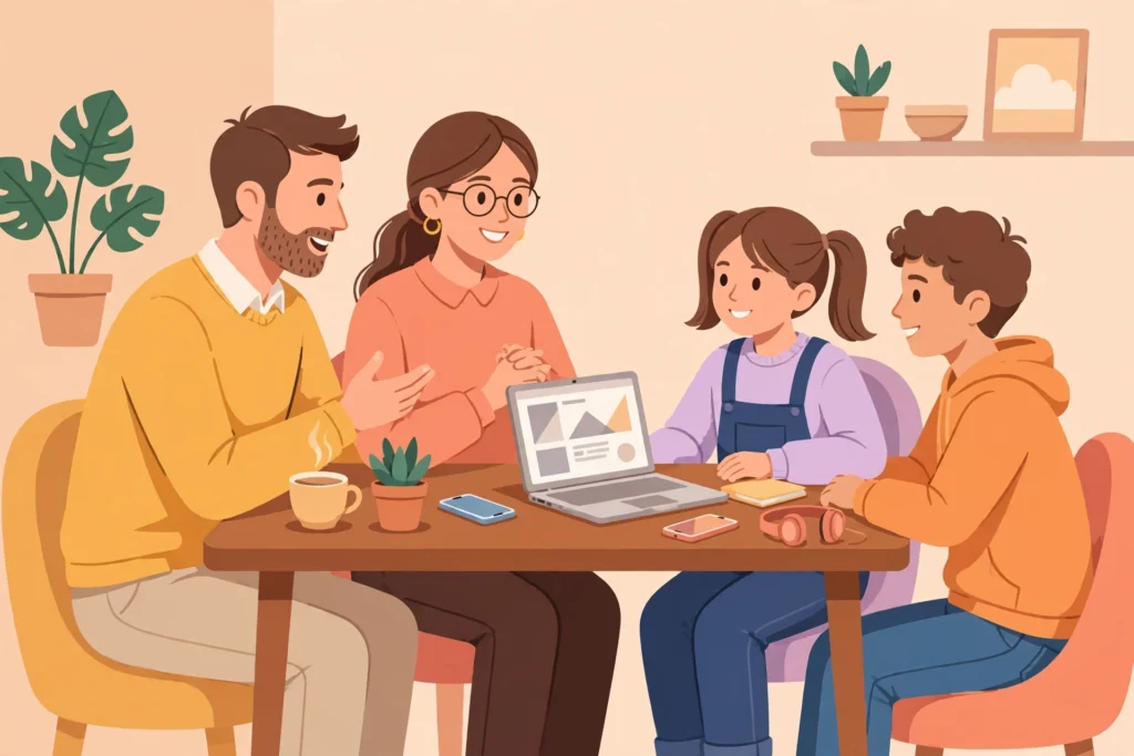 Family Online Safety: The Complete Guide for Parents in 2026 57 Family sitting around a table with a laptop, talking together about an online agreement