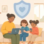 Parent and two children using devices together at home under a shield symbol for family online safety