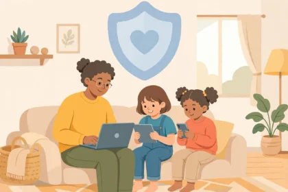 Parent and two children using devices together at home under a shield symbol for family online safety