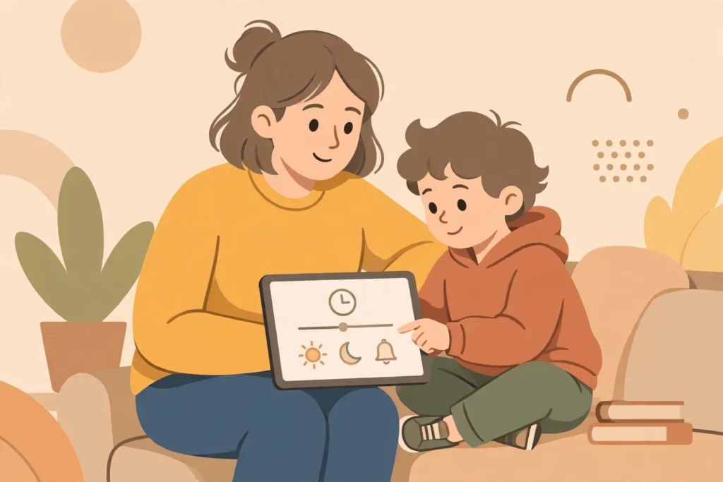 Family Online Safety: The Complete Guide for Parents in 2026 59 Parent and child setting screen time limits on a tablet showing a clock and day and night icons