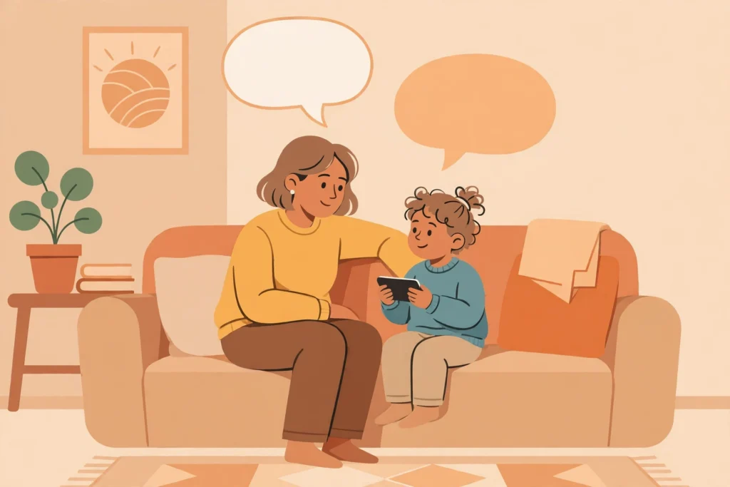 Family Online Safety: The Complete Guide for Parents in 2026 56 Parent talking with a child holding a phone on a sofa, with speech bubbles above them