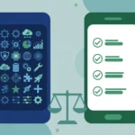 Illustration of two phones comparing FlexiSPY feature depth and mSpy simple setup for parents
