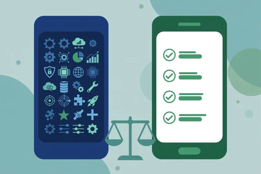 Illustration of two phones comparing FlexiSPY feature depth and mSpy simple setup for parents