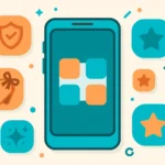 Smartphone surrounded by free parental control app icons with shields and stars