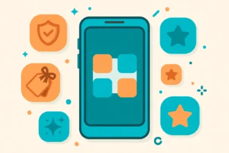 Smartphone surrounded by free parental control app icons with shields and stars