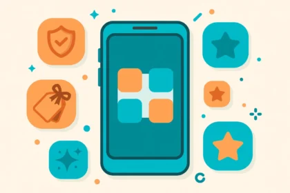 Smartphone surrounded by free parental control app icons with shields and stars