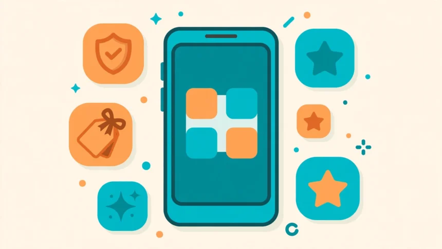Smartphone surrounded by free parental control app icons with shields and stars