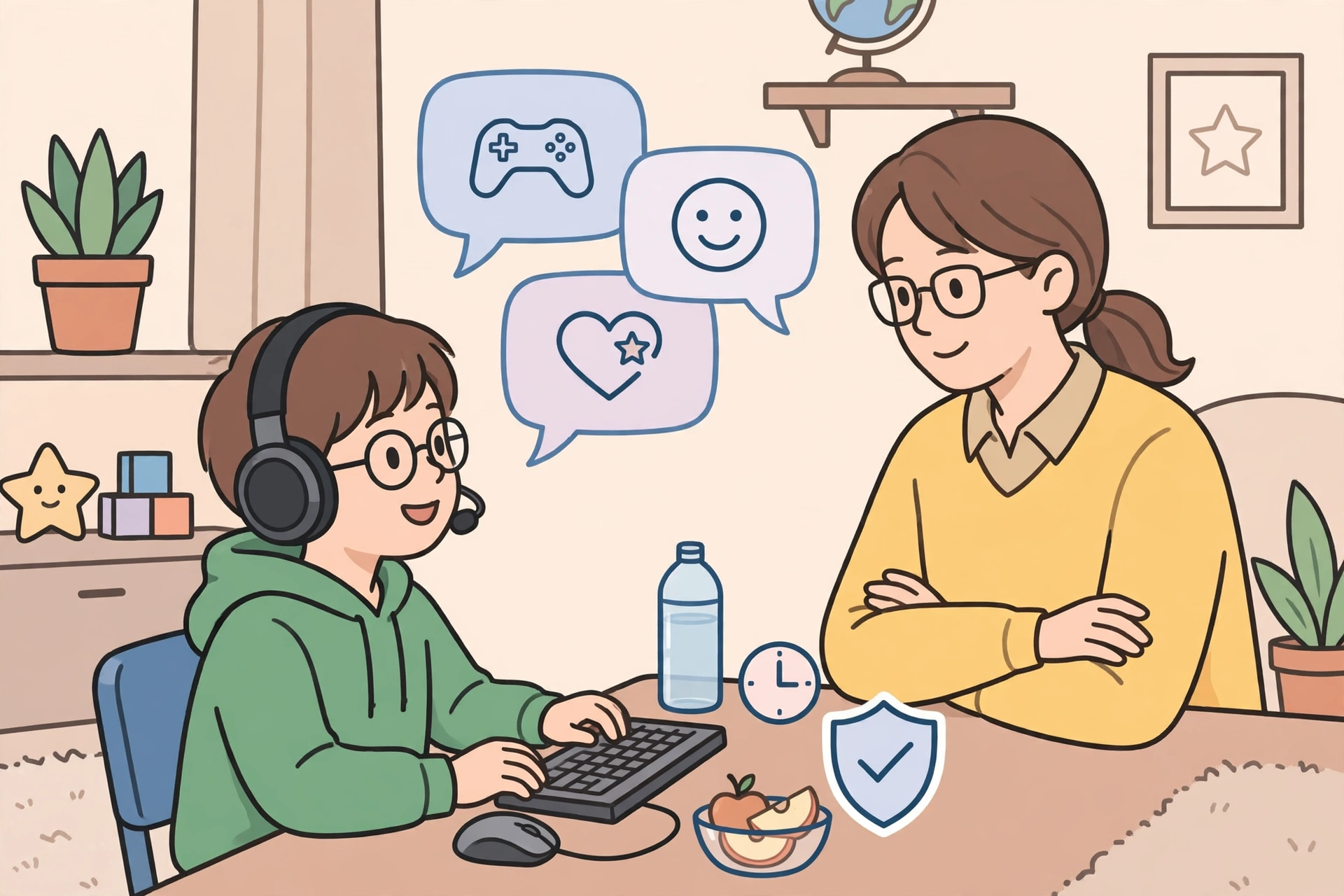 Parent checking voice chat settings on a gaming device with a child nearby