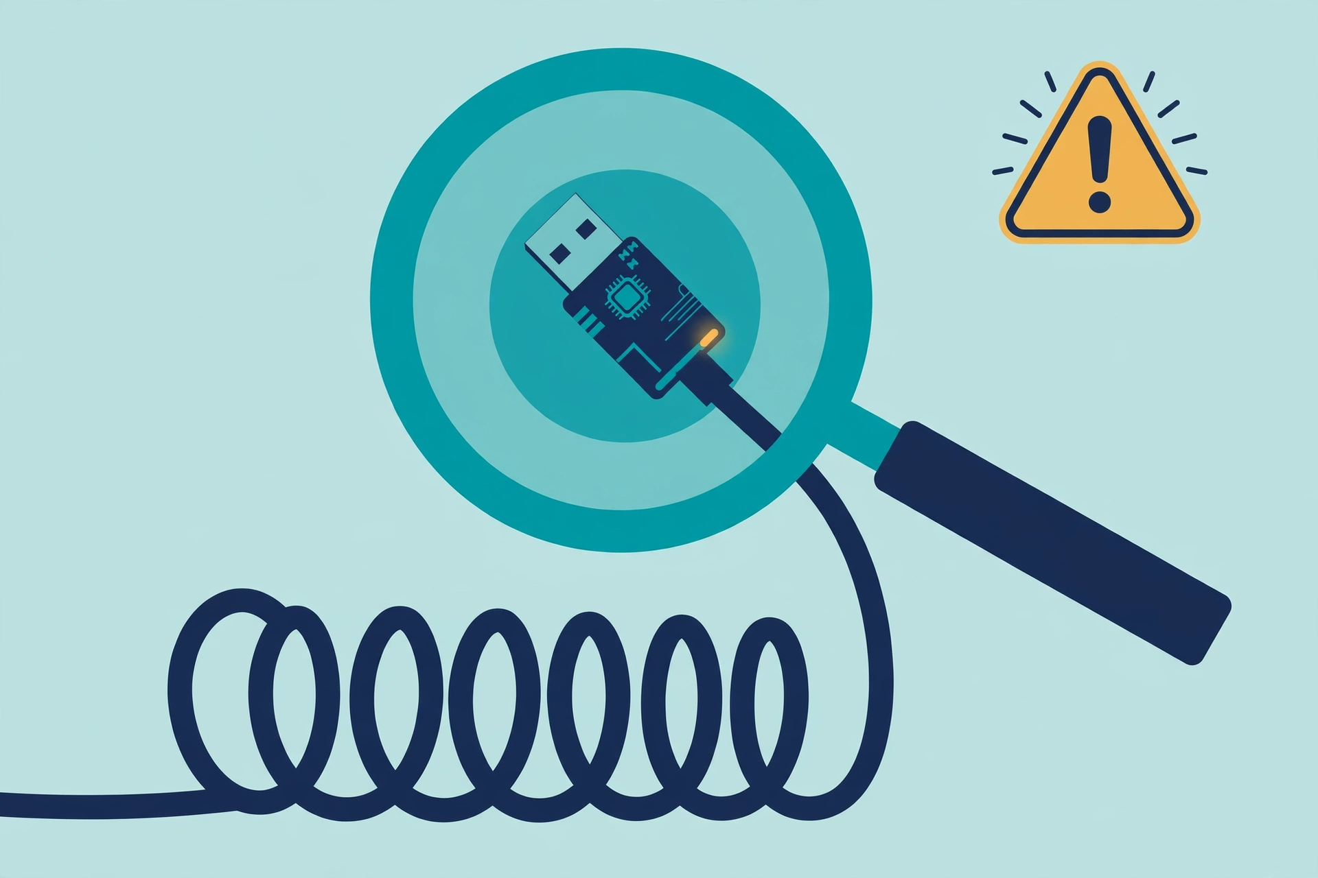 Illustration of a small hardware keylogger adapter plugged between a keyboard cable and a computer