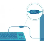 Small USB hardware keylogger dongle plugged inline between a keyboard cable and a computer