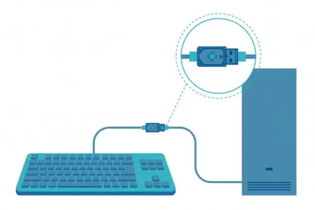 Small USB hardware keylogger dongle plugged inline between a keyboard cable and a computer