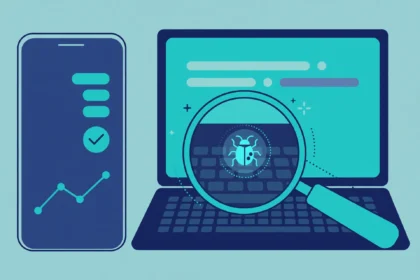 Illustration of a phone and a laptop under a magnifying glass, representing how to detect a keylogger