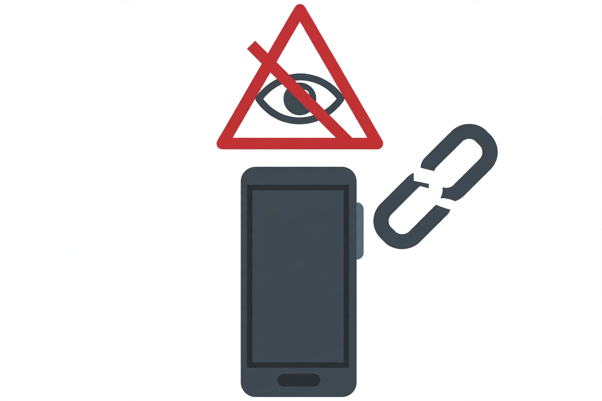 Phone with a red warning triangle and crossed-out eye for illegal secret surveillance