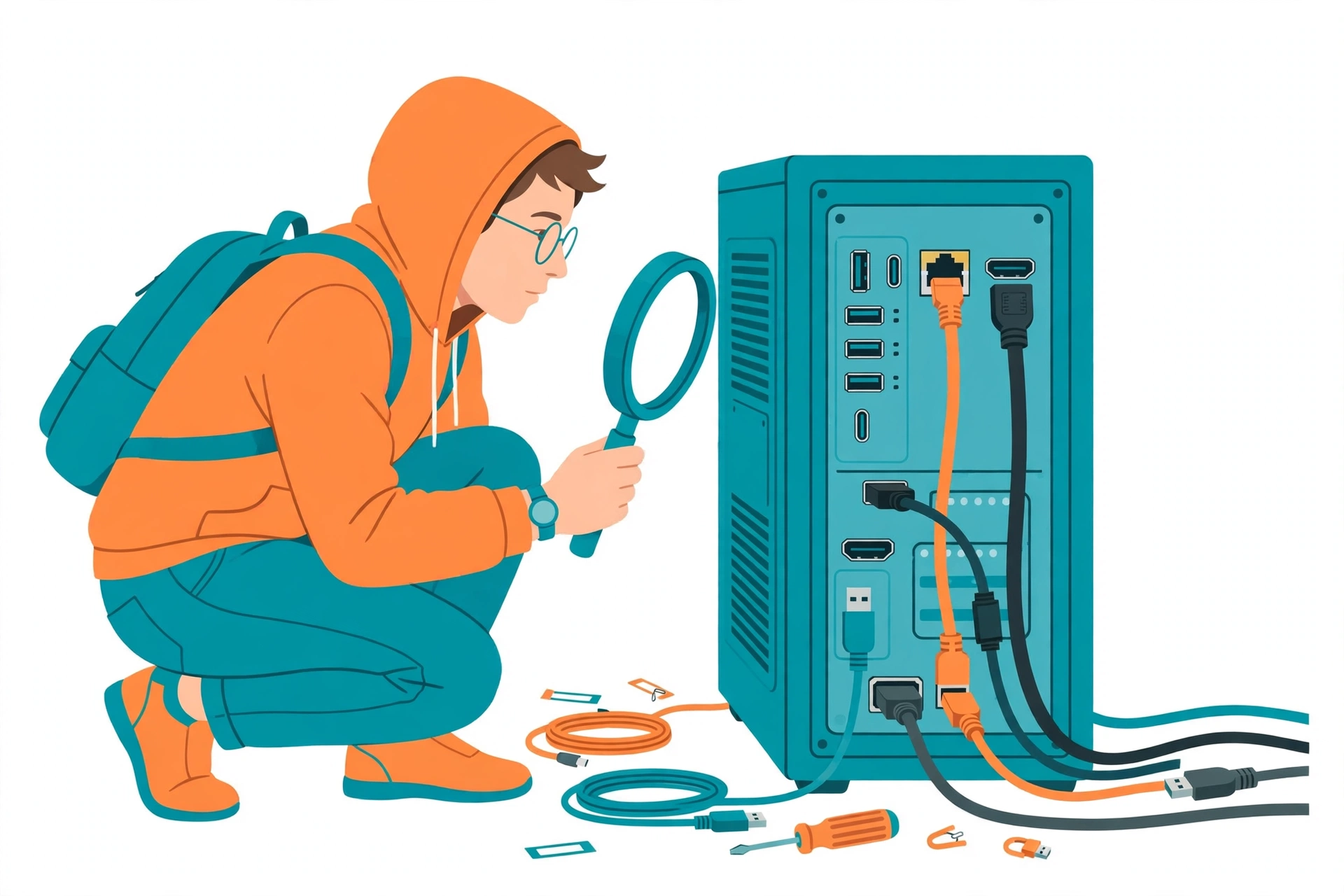 Person checking the back ports and cables of a desktop PC with a magnifying glass