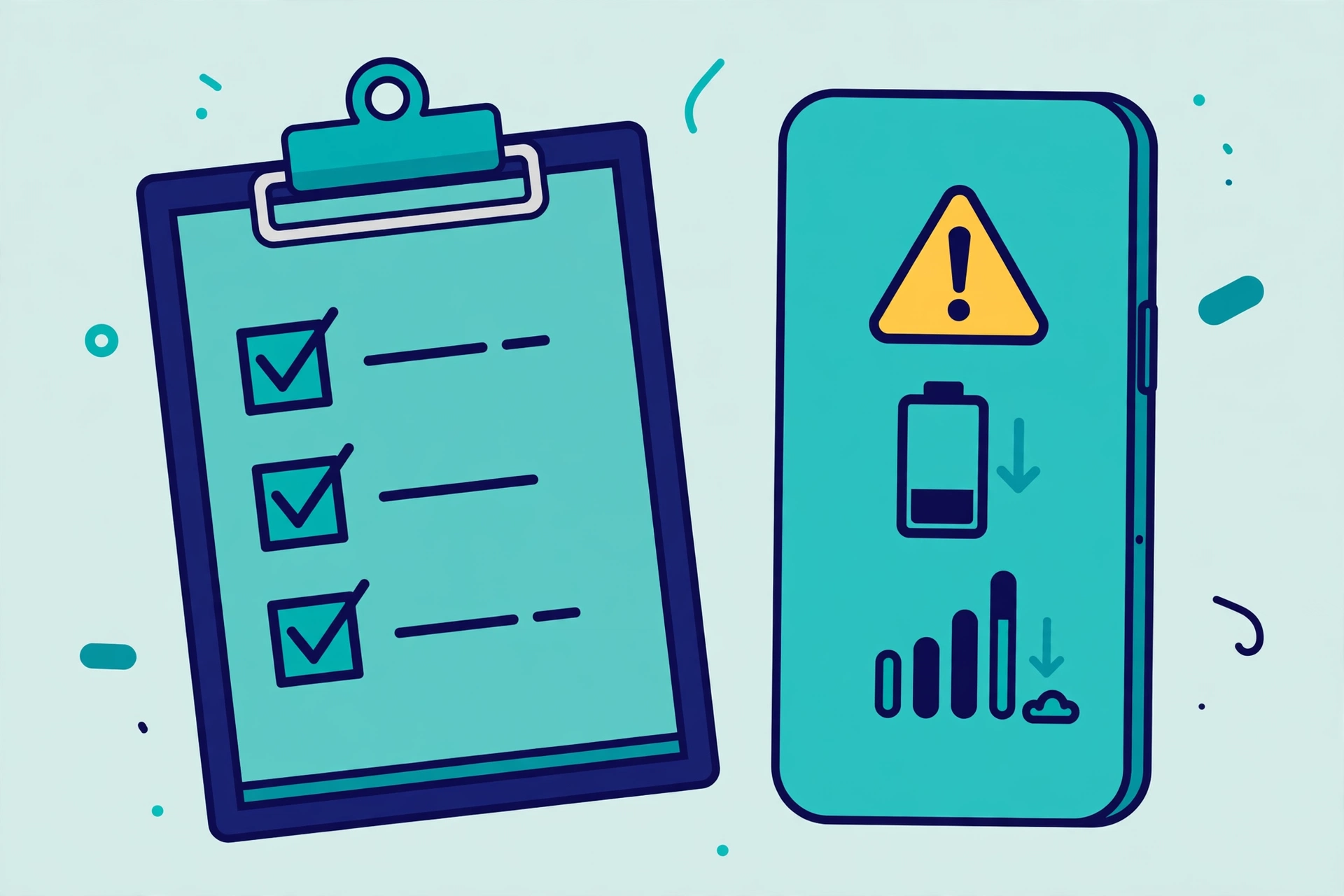 Illustration of a checklist of real keylogger warning signs on a phone and a computer