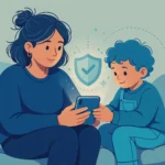 Parent and child looking at a smartphone together under a protective shield, showing safe parental monitoring