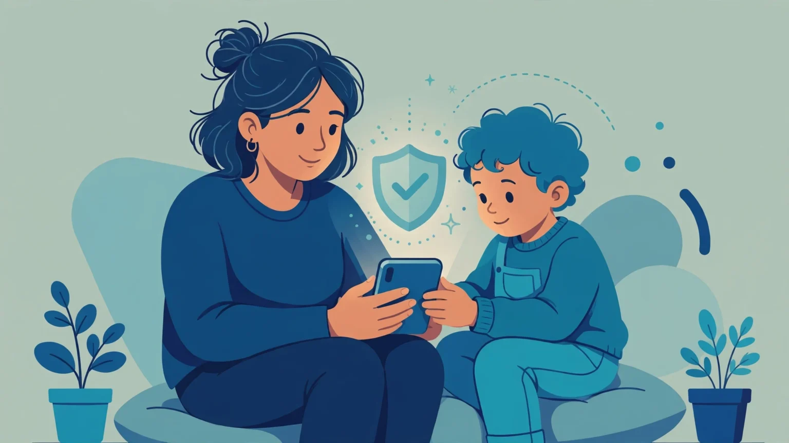 Parent and child looking at a smartphone together under a protective shield, showing safe parental monitoring