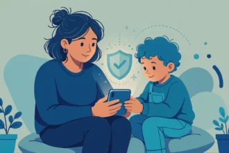 Parent and child looking at a smartphone together under a protective shield, showing safe parental monitoring