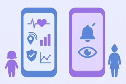 Illustration of two phones comparing detailed monitoring and simple parental alerts