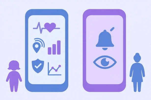 Illustration of two phones comparing detailed monitoring and simple parental alerts