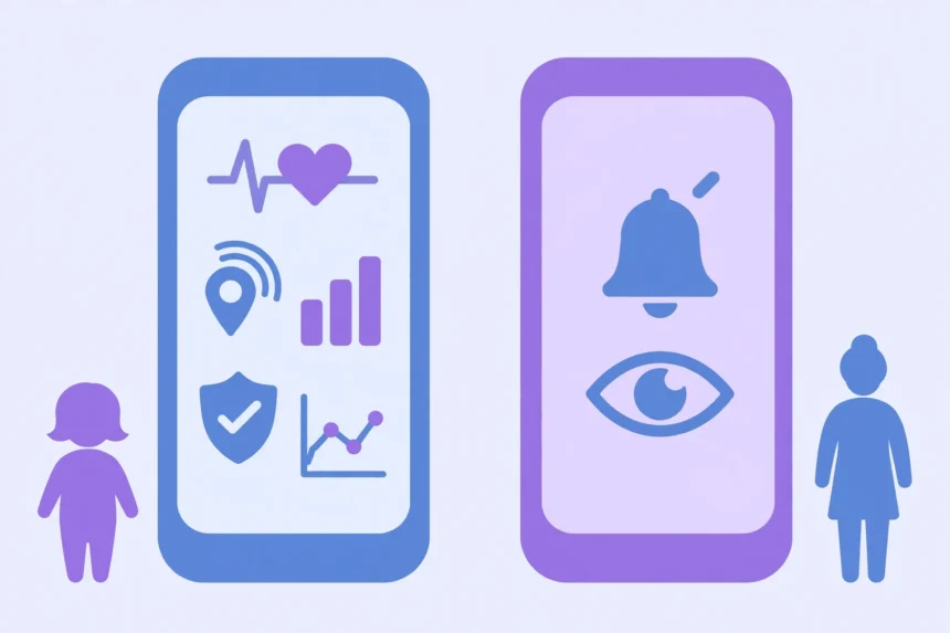 Illustration of two phones comparing detailed monitoring and simple parental alerts
